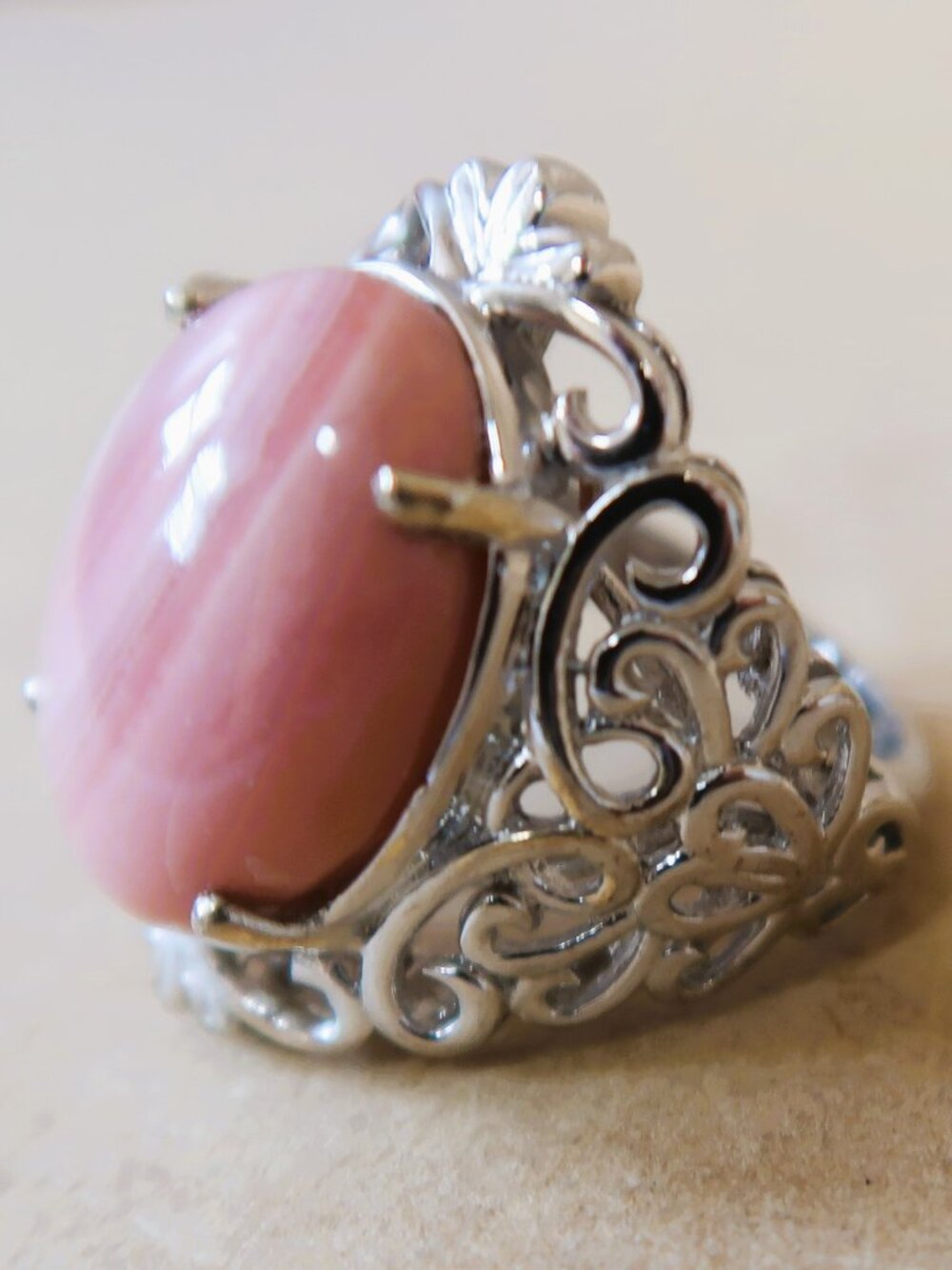 STS Chunky Oval Pink Swirl Dreamy Ring 925 Silver Filigree Size 5.75